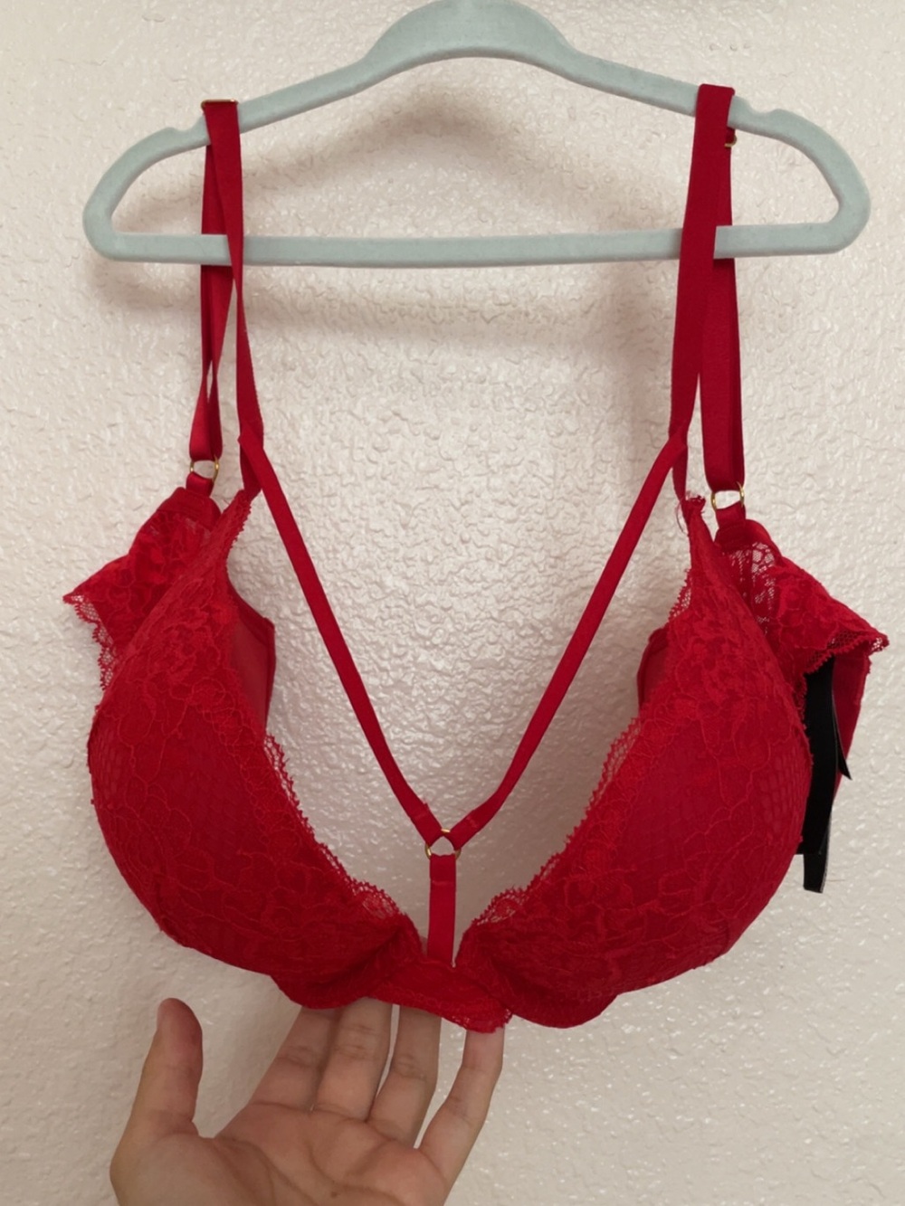 Victoria's Secret Red Lace Plunge Bra with Strappy Detail